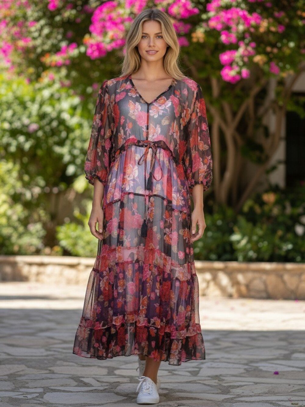 Johnny Was Moxi Tiered Midi Dress 3/4 Sleeve Sheer Silk Women's XL (NO Slip)